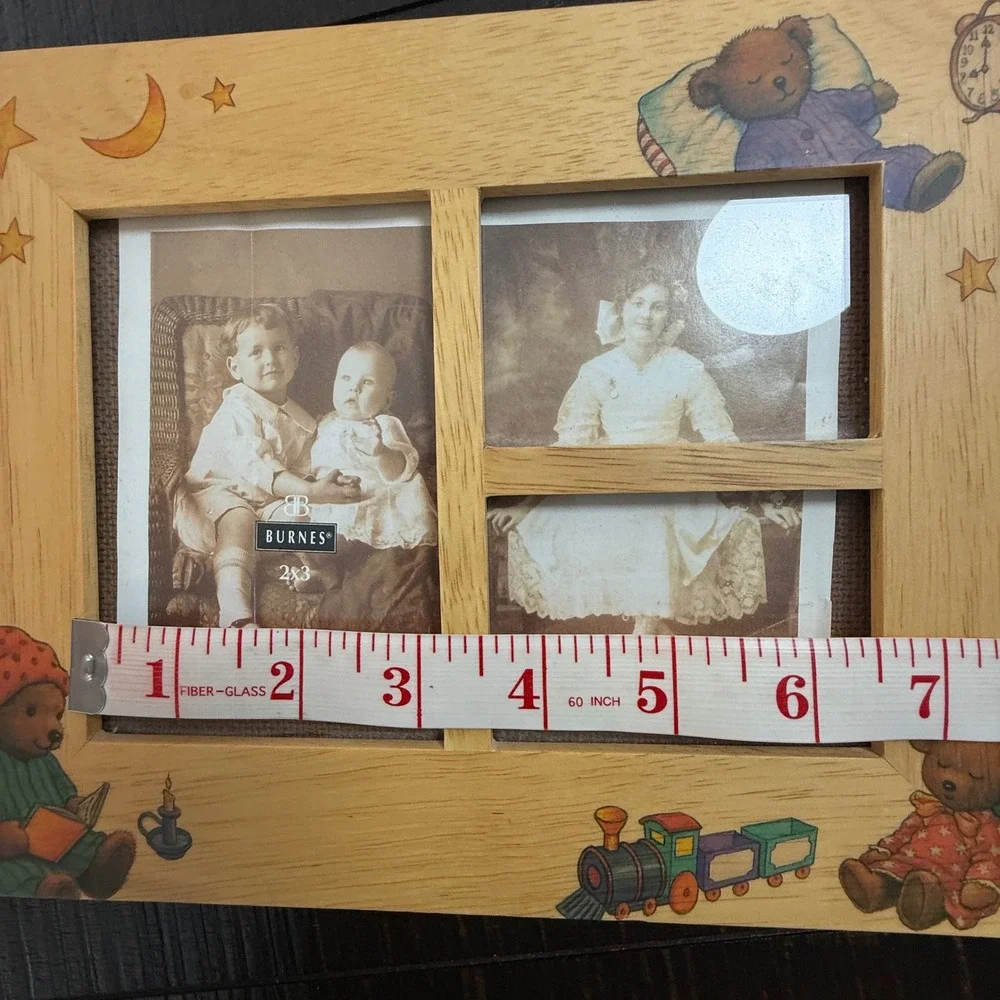 Vintage Fetco‎ 1995 Teddy Bear Wood Picture Frame Nursery Decor Train Stars 7x9